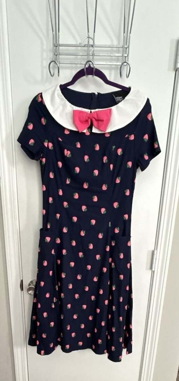 Unique Vintage Navy Strawberry Print Peter Pan Collar Midi Dress with Pockets